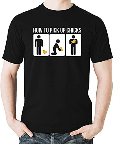 QINOL How to Pick Up Chicks - Funny Sarcastic Joke Tee - Gag Party Novelty Gifts Men's T-Shirt Black â€¦ (XL)