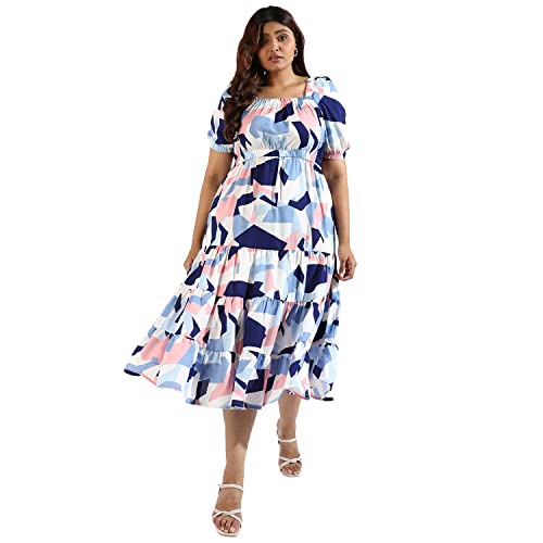 Image of Instafab Plus Women's Multicolour Printed Midi Length Short Sleeve Regular Fit Wrap Dress for Casual Wear | Modern Clothing Dress Crafted with Comfort Fit for Everyday Wear, 3XL