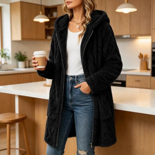Fleece Jacket for Women Hooded Zip Up Long Sleeve Mid Length Winter Coat - image 3