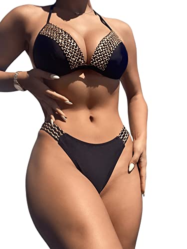 GORGLITTER Damen Push Up Bikini Sets Triangel Badeanzug Neckholder Swimmsuit 2-teilliger Strandmode mit Kontrast Pailletten Schwarz M Cover