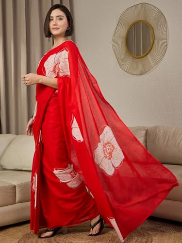 Image of AKHILAM Women's Cotton Printed Ready To Wear Saree With Unstitched Blouse Piece
