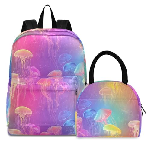 Glowing Jellyfish Print Backpack Set with Lunch Bag, Large Capacity Travel Backpacks and Lunch Box Insulated for Commute Hiking Picnic