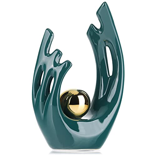 XMGZQ Teal Ceramic Abstract Statues and Sculptures,Green and Gold Art Ceramic Statues,Modern Home Decor for Living Room,Dining Table