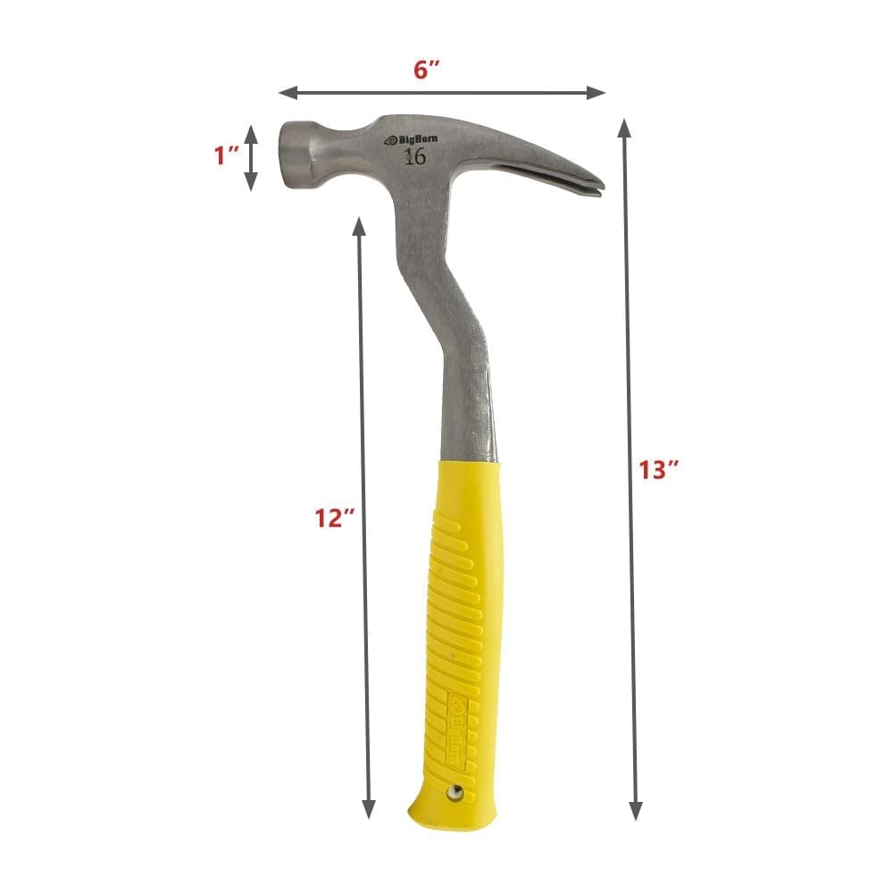 Big Horn 15111 - Martillo de techo con tapa magnética (473,6 g), colocación de clavos con una sola mano con cara magnética, acero forjado monobloque - Asas ergonómicas antideslizantes - Techos