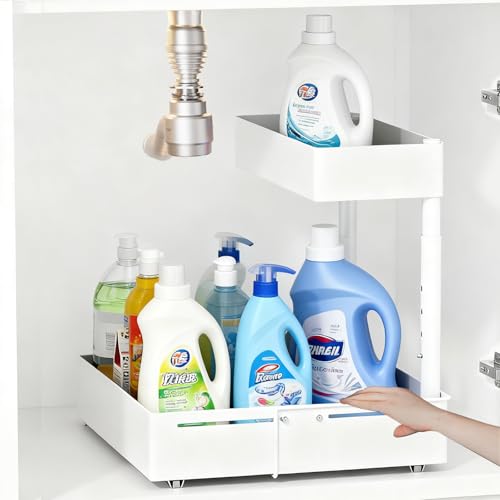 2 Tier Under Sink Organiser,Adjustable Height Expandable Cabinet Organiser Rack, Slide Out Pull Out Cabinet Organizer for Kitchen,Ideal Under Sink Storage for Home, Kitchen, Bathroom (White)
