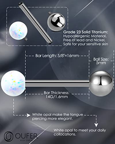 OUFER Titanium Tongue Rings - White Opal Tongue Jewelry, Internally Threaded, Straight Barbell for Women & Men4