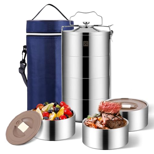 GOLDEN KEY 80oz Stainless Steel Stackbale Lunch Box for Adult, 4-Tier Food Container, Leak-Proof & Stackable Large Capacity Metal Bento Box with Lunch Bag, (80OZ, Silver) - Extra Large
