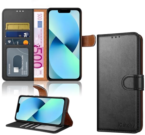iCatchy for iPhone 13 Case Premium Leather Wallet Case with [Card Holder] and [Kickstand] Magnetic Flip Protective Phone Case Cover for iPhone 13 (6.1-Inch) - Black
