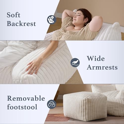 Oversized Bean Bag Chaise Lounge Chair Indoor for Adults with Armrests & Ottoman - Giant Comfy Beige Beanbag Lazy Floor Sofa Cloud Accent Chair for Reading, Gaming, Cozy Fluffy Cloud Mini Couch