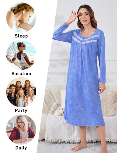 Image of IZZY + TOBY Nightgowns for Women Long Sleeve Soft Cotton Long Warm Nightdress Kintted Night Gown