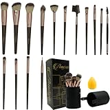 Amene NYC Makeup Brush Set Professional, 15 Wood Handle Makeup Brushes, Premium Cruelty-Free Synthetic Fiber Hair, Travel Make up Brushes Set with Case (Brown)