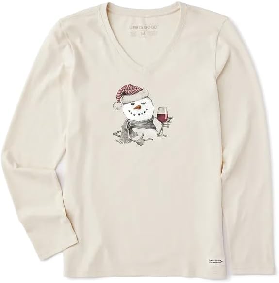 Life is Good. Women's Peaceful Snowman w Red Wine Long Sleeve Crusher Vee, Putty White