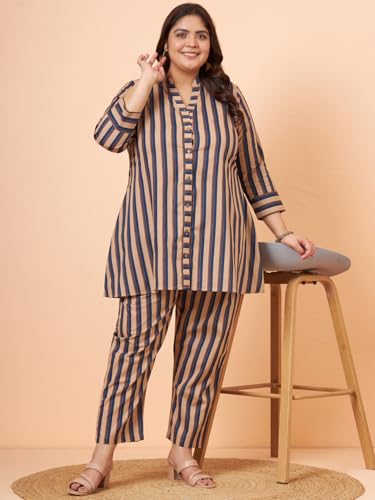 Image of Tissu Women's Plus Size Pure Cotton Blue Printed Shirt with Pyjama Co-Ord Set