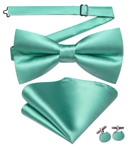 Image of Hi-Tie 5Pcs Mens Solid Color Silk Tie Satin Pretied Bowtie Lapel Pin for Men Handkerchief Cufflink Wedding Gift Box