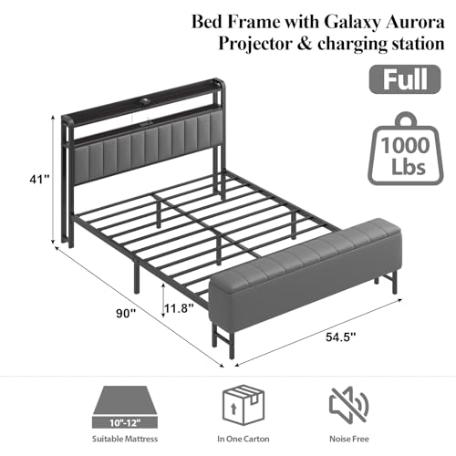 Image of Full Size Bed Frame with Star Projector & Charging Station, PU Leather Upholstered Platform with 2-Tier Storage Headboard & Storage Ottoman, Metal Support, Noise-Free, No Box Spring Needed, Grey