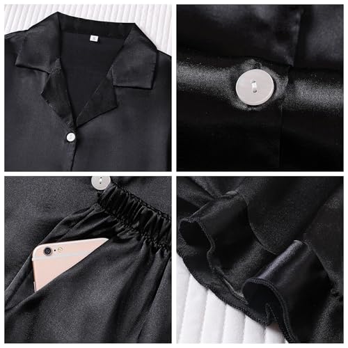 Image of Satin Pajamas Set For Women 2Pcs Ruffled Silk Pj Button Down Pajama Sleepwear Loungewear Summer Nightwear
