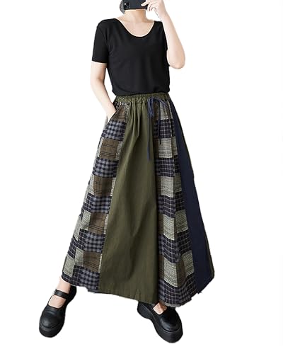 ellazhu Women's Pants Patchwork Two Side Pockets Wide Leg Elastic Waist Baggy Straight Hem Casual GZ429 A