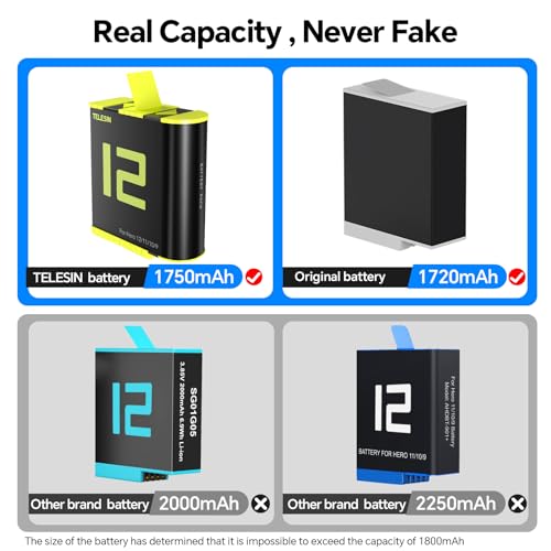 Carregador de bateria para GoPro Hero 12 Hero 11 Hero 10 Hero 9 Black, pacote com 3 baterias TELESIN