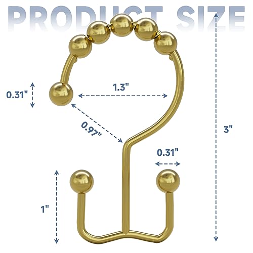 Titanker Gold Shower Curtain Hooks Rings, Rust-Resistant Metal Double Glide Shower Hooks Rings for Bathroom Shower Curtains Rods, Set of 12 Hooks - Light Gold