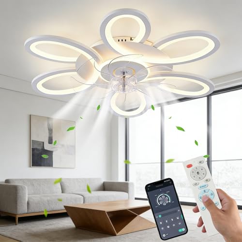 Ventilador de techo de 63,5 × 63,5 × 12,7 cm, ventilador de techo con luz y mando a distancia, aplicación inteligente, 6 velocidades, 3 colores LED, ventilador de techo para sala de estar dormitorio