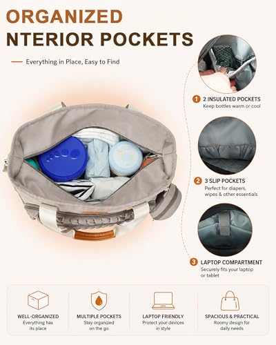 Image of FHELAD Diaper Bag Tote for Women, Baby Diaper Bag 16L (Brown Taupe) | 5 Insulated Pockets, Changing Pad, Pacifier Case, Stroller Clip, 15.6 Inch Laptop Compartment, Detachable Shoulder Strap