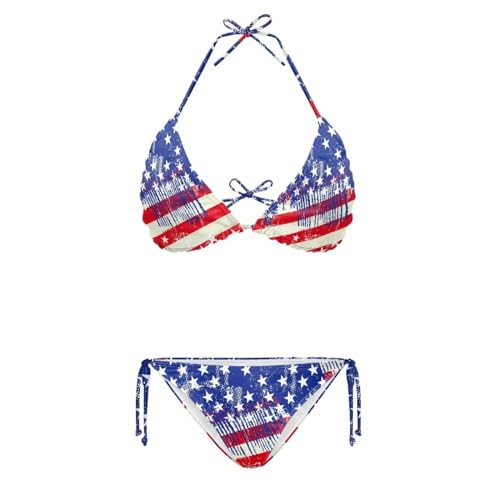 Yewattles Women's Two Piece Bikini Sets Vintage American Flag Printed Halter Triangle Swimsuit Soft Bathing Suits Transparent Straps Sexy Swimwear Tropical Vacations Summer Beach