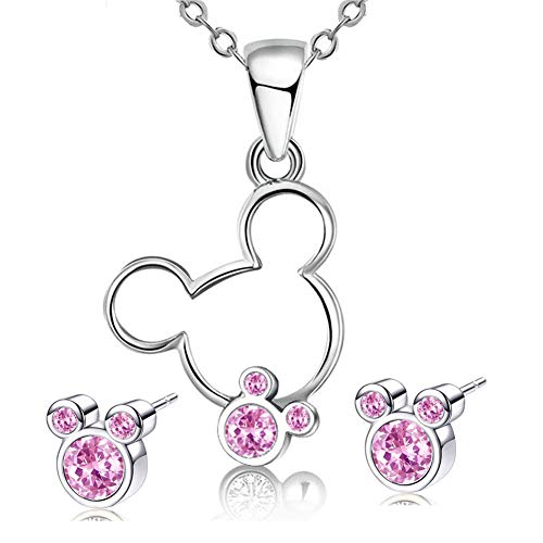Silver Plated Necklace Stud Earrings Set Mouse Shape Jewelry Set with Pink Crystals Rhinestones Cute Animal Jewelry for Children Birthday Gifts