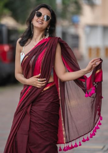 Image of Sudip callection Handloom Mul Cotton Saree for Women - Bottle Green with Pink Border Golden Zari Line & Tassel Pallu