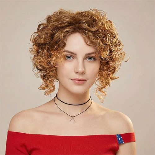 AIYLMZ Pelucas de pelo corto y rizado para mujer, pelucas de pelo ondulado sintético rizado suave a la moda para mujer, para fiesta, cosplay, uso diario (Castaño Ombre Rubio)