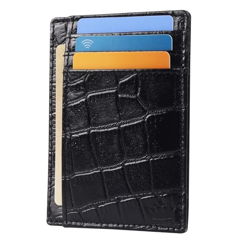 Image of Genuine Leather Slim Card Holder Wallet for Men - Premium and Stylish Card Holder with Capacity for 7-10 Cards and Currency Compartment - Stylish and Functional Leather Wallet (BLACK)
