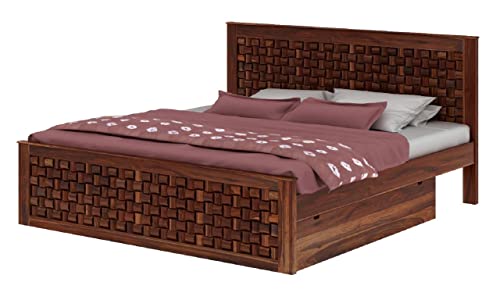 Image of WOODLAB Furniture Solid Sheesham Wood King Size Bed with 2 Side Drawer Storage and Niwar Style Headboard | Wooden Double Bed Cot Palang for Bedroom Living Room Home and Hotel (Honey Finish)