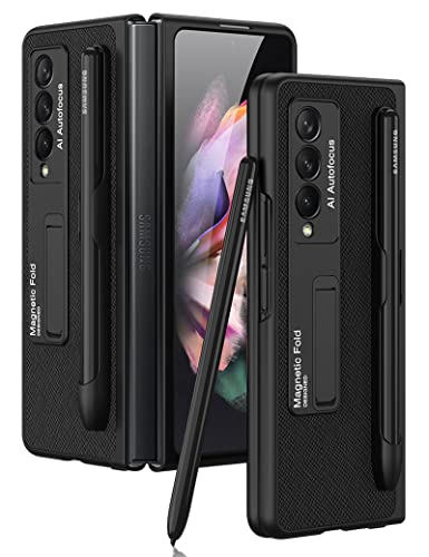KumWum Handyhülle Kompatibel mit Samsung Galaxy Z Fold 3 5G Hülle mit Ständer Ultra Dünn Kratzfest Schutzhülle mit Stifthalter - Schwarz Cover