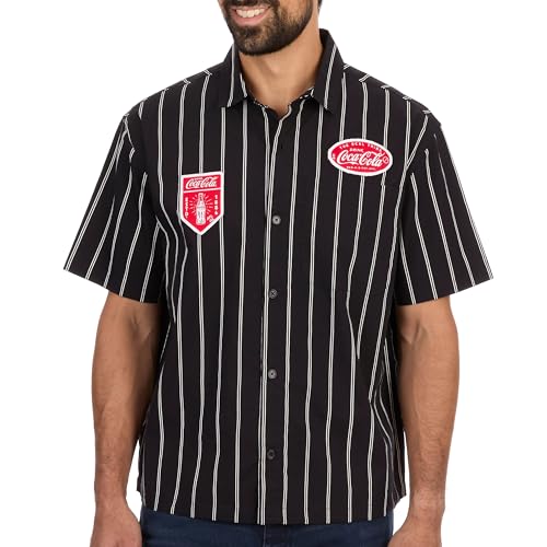 Coca-Cola Retro Pin-Striped Button Down Workwear Shirt - Officially Licensed Coke Heritage Short Sleeve Collared Woven Top Black