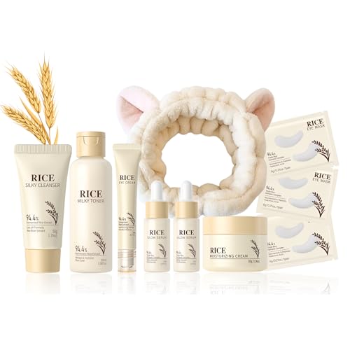 Rice Skincare Sets for Teenager Girls Gifts, Rice Facial Kit for Glowing Skin for Women, Brightens, Hydrates Sensitive Skin, 10PCS(Cleanser,Toner,2pcs Serum,Moisturiser,Eye Cream,Hairlace,Eye Patches)