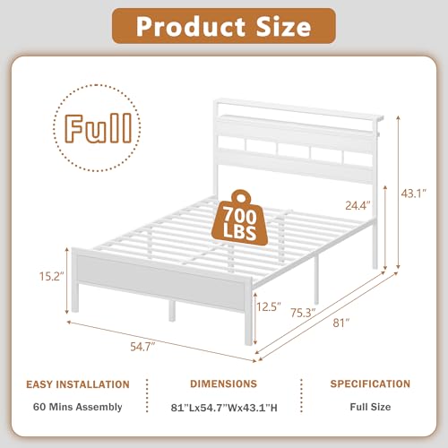 Image of Furnulem Full Size Bed Frame with LED Light and Charging Station, Wood Storage Headboard with 2-Tier Shelves, Metal Platform Bed with Heavy Duty Slats Support, No Box Spring Needed, White