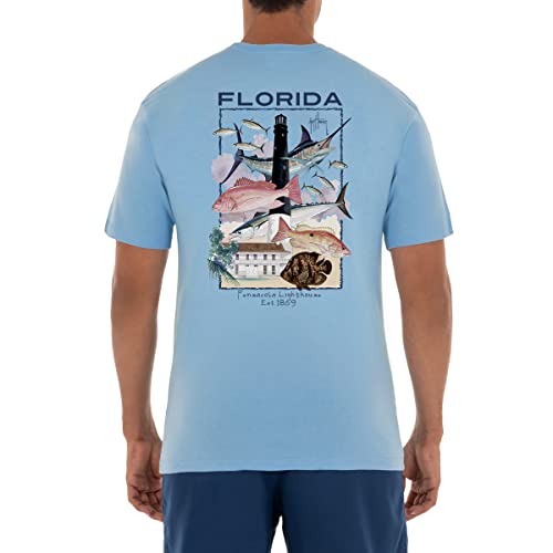 Guy Harvey Men’s Pensacola Lighthouse Short Sleeve Pocket T-Shirt, Powder Blue/Pensacola, X-Large