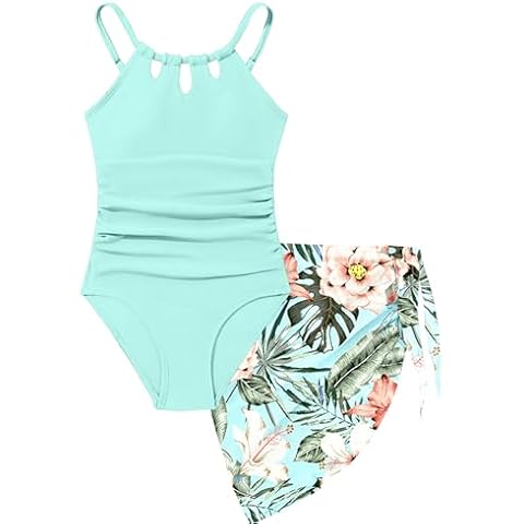 KANGKANG Girls Swimsuit, Girls Swimsuits Size 14 Quick Dry Girls One Piece Swimsuits with Tropical Print Cover Up Skirt Bathing Suit Girls' Swimwear Light Cyan Cover