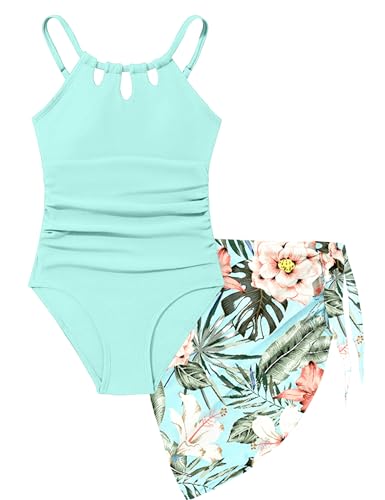 Image of KANGKANG Girls Swimsuit Quick Dry Cut Out One Piece Swimsuits with Tropical Print Cover Up Skirt Bathing Suit Swimwear 7-18Y
