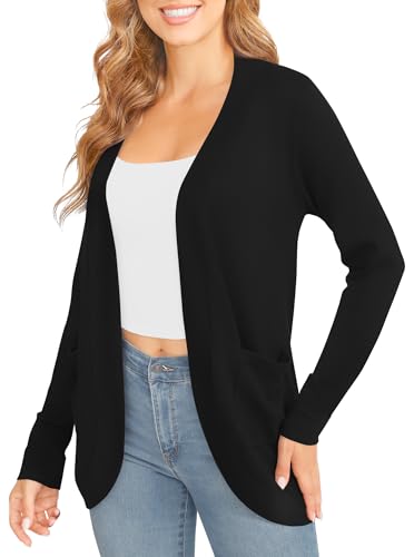 Image of EXCHIC Women's Long Sleeve Lightweight Knit Sweater Cardigan Curved Hem Open Front Cardigans with Pockets