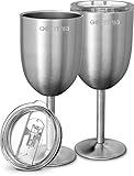 Gourmia GGS9350 Stainless Steel Wine Glasses, 2 Pack With Clear Plastic Lids - 15oz Portable, Insulated Cups for Travel and Outdoor Use - Keeps Drink Hot or Cold, Non-Skid Rubber Feet