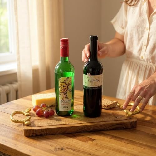 Image of Handcrafted Wooden Serving Tray with Gold Handles | Rustic Cheese Platter Board | Decorative Kitchen & Coffee Table Server | Wooden Snack Tray for Home & Gifting (Rassi Handle Tray)
