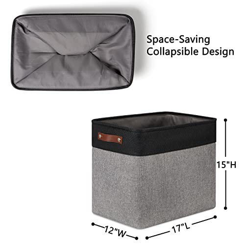 Image of DULLEMELO Large Collapsible Storage Basket /Bin with Sturdy Leather Handles, Fabric Organizer Bin for Storage Clothes, Books, Office, Bedroom, Closet, Nursery & Laundry (Black&Gray)