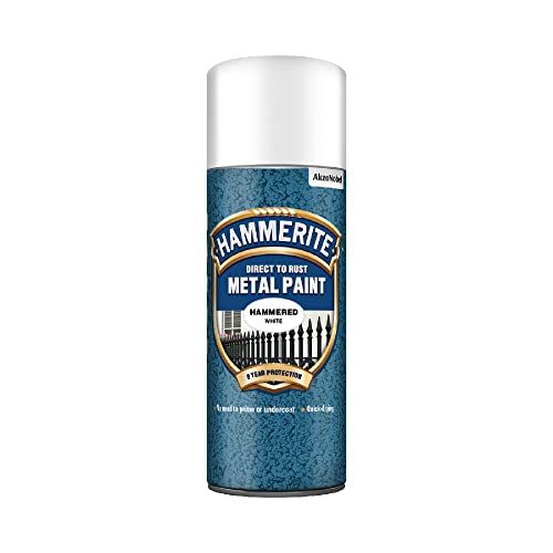 Hammerite Spray Paint for Metal. Direct to Rust Exterior White Metal Paint, Hammered Finish. Corrosion Resistant White Paint and Rust Remover, 8 Year Protection - 400ml Aerosol 0.5 SqM Coverage​
