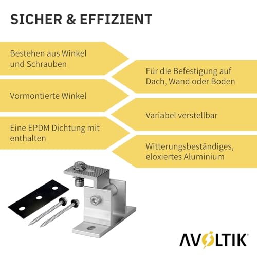 Avoltik Solarpanel Halterung 4 Stück I hochwertige Solarmodul Halterung aus robustem Aluminium I PV Modul Halterung inkl. Dichtung & Schrauben I Aufständerung für Solarmodule mit drehbarem Winkel