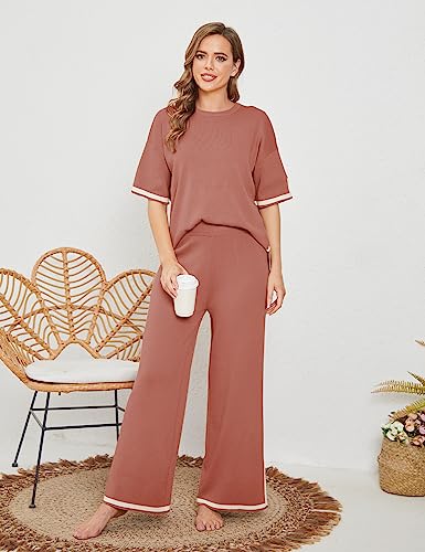Image of Tanming Sweater Sets Women 2 Piece Lounge Sets Short Sleeve Knit Pullover Tops Wide Leg Pants
