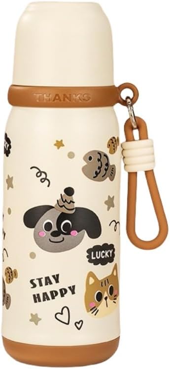 316 Cute Fashion Stainless Steel Kids Thermos Cover for Men Women Student Cup with Portable Rope Beige