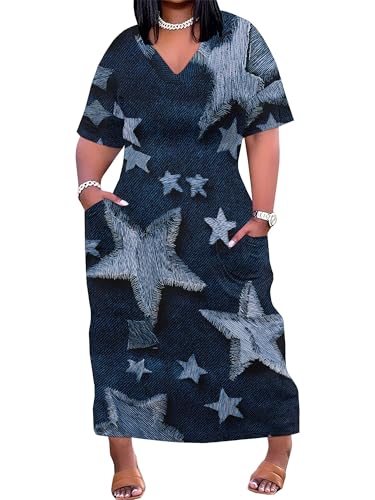 Image of Plus Size Maxi Dress for Women Short Sleeve V Neck Casual Loose Sundress with Pockets