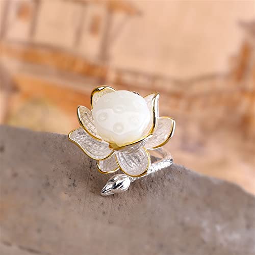 Bague en argent sterling et jade Hetian naturel : lotus artisanal style rétro - 2
