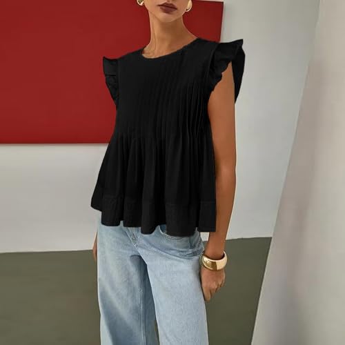 Women's Summer Blouse Ruffled Sleeves Pleated A Line Peplum Babydoll Shirt Top3