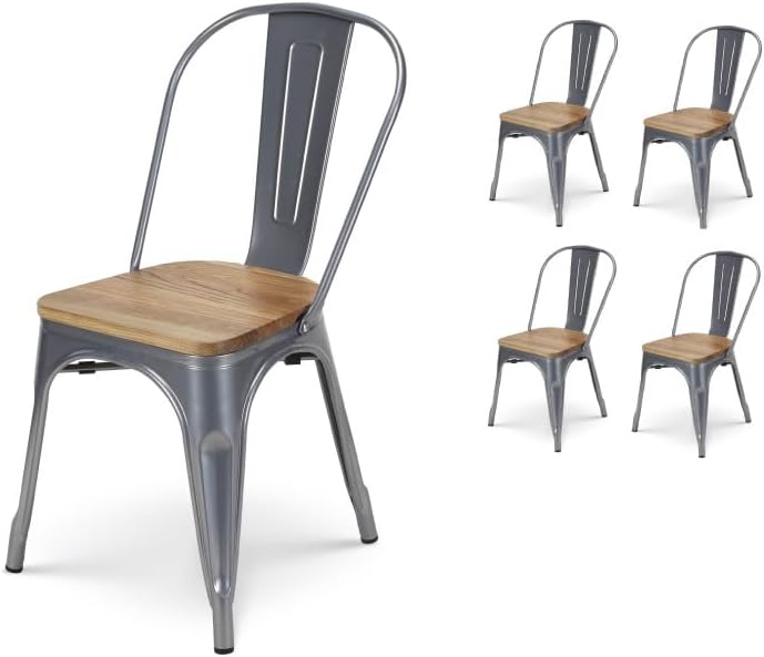 Kosmi – Set 4 Sedie in Metallo Grigio Argento con Seduta in Legno Chiaro –